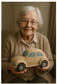 oma met nep gehaakte auto